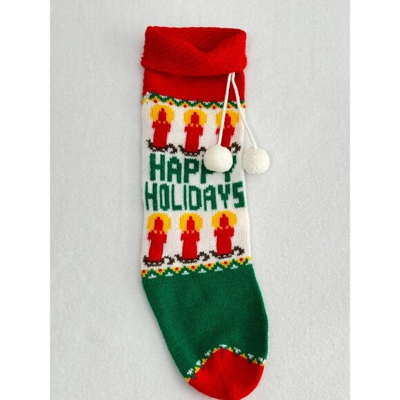 Vintage 80s Knit Christmas Stocking Happy Holidays Candles Green Red - Picture 1 of 4